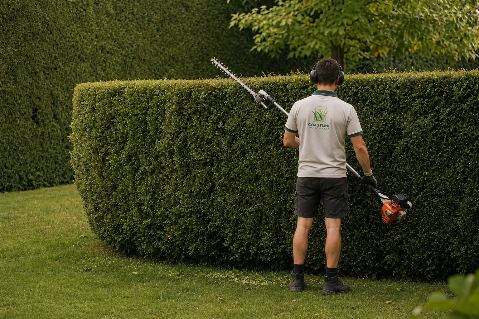 Coastline Garden Care team member trimming a residential hedge